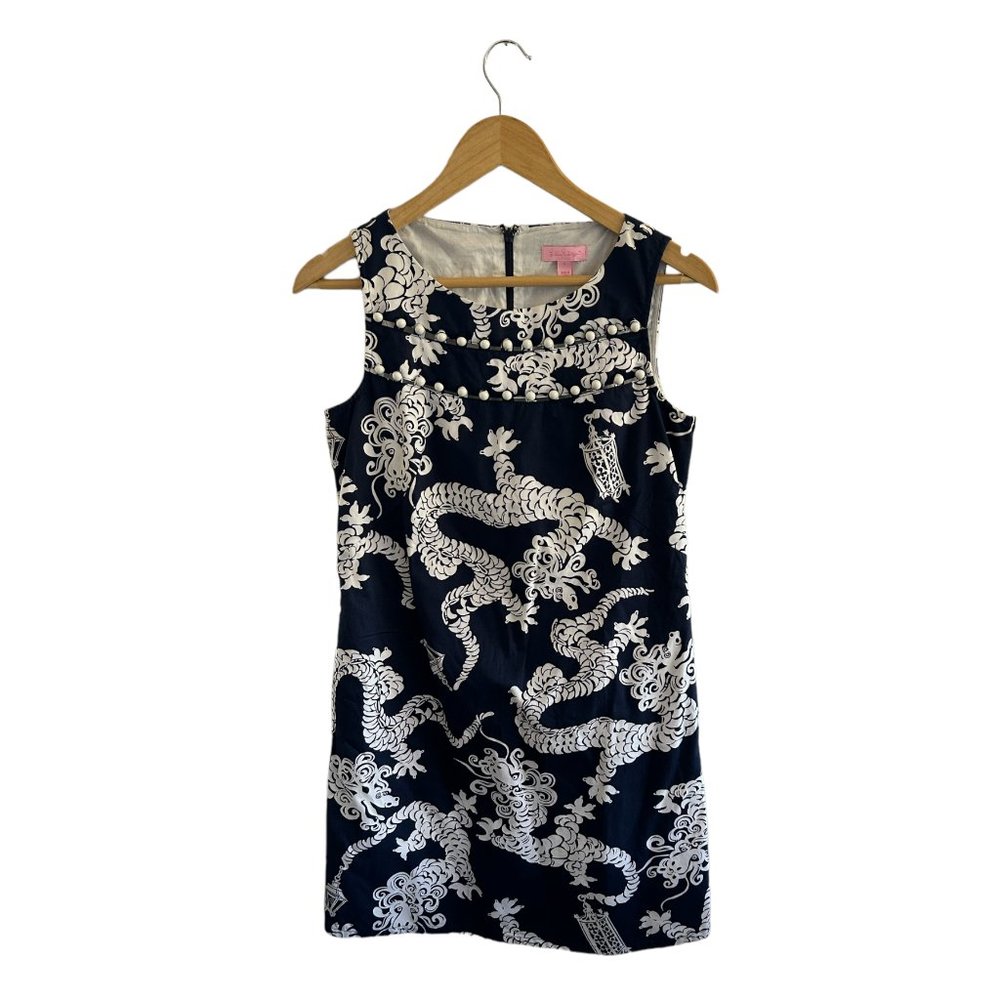 Lilly Pulitzer Chinese Dragon Lindy Shift Dress Size 2 Blue & White